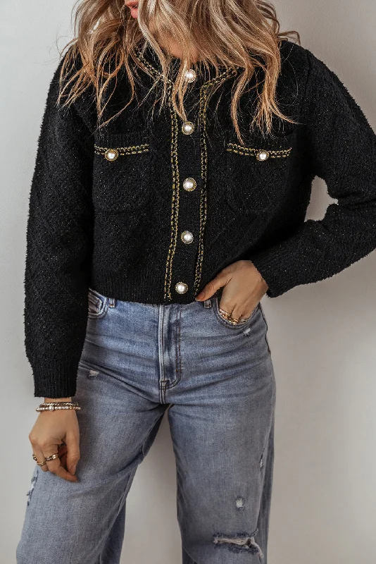 Shimmer Flap Pocket Button up Cardigan Layered Multi-layer Single Layer
