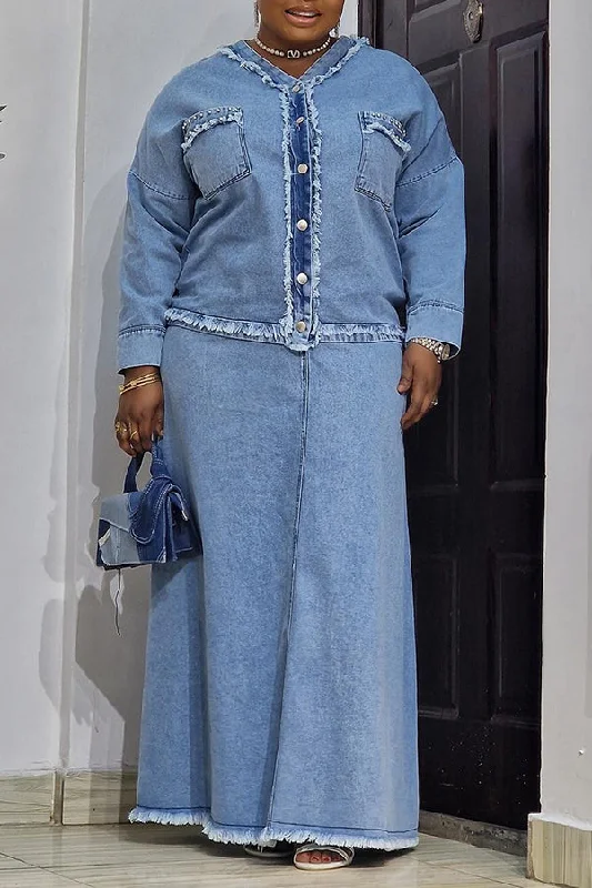 Stylish Raw Denim Jacket & Skirt Set Welt Pockets Slit Pockets Flap Pockets