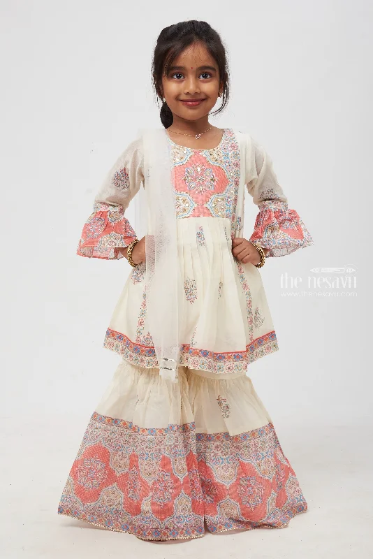 Graceful Tile-Inspired Ensemble for Kids: White and Pink Floral Printed Stylish Kurti with Sharara Pant Set Fashionable Work Pants