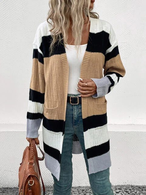 Color Block Open Front Drop Shoulder Cardigan Stylish Fashionable Trendy