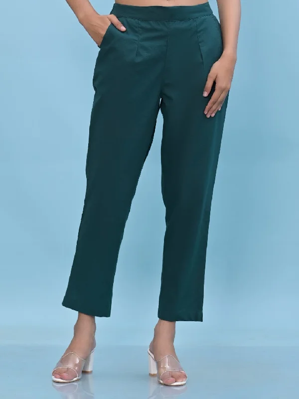 Women Green Solid Cotton Pants With Partially Elasticated Waistband And Two Side Pockets Stylish Slim Trousers Women Green Solid Cotton Pants With Partially Elasticated Waistband And Two Side Pockets Stylish Slim Trousers