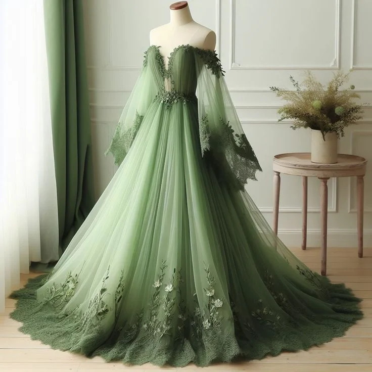 Vintage Green Lace Appliques Party Dress Evening Gown cc2842 Tunics Canvas sturdy