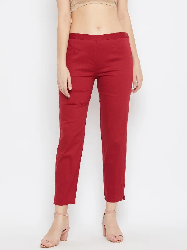 Women Maroon Regular Fit Solid Pants Classic Chino Pants