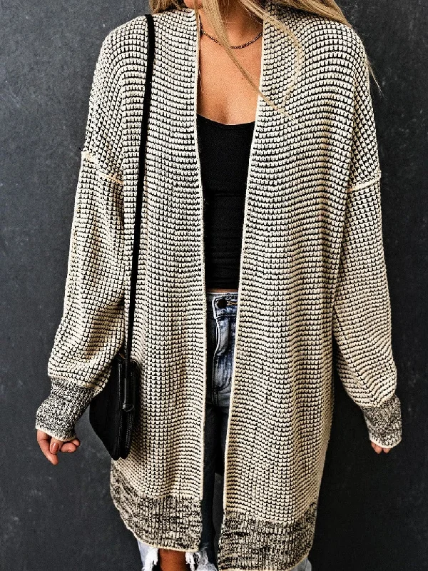 Apricot Checkered Knit Longline Open Front Cardigan Transparent Opaque Sheer