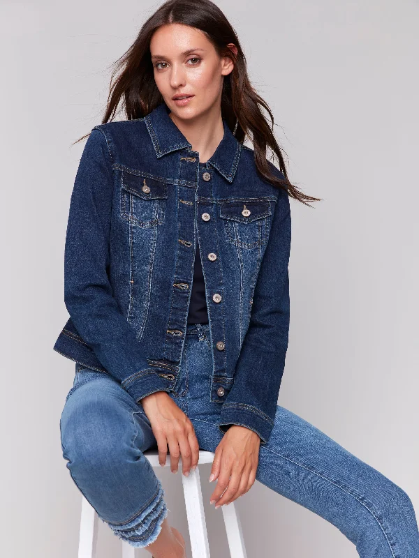 Stretch Denim Jacket - Indigo Knit Jacket Woven Jacket Fleece Jacket