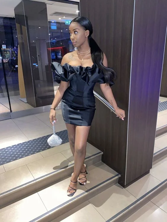 Ruffled Neckline Black Short Party Dress Popular Black Dress Short cc324 Pleated Skirt Elegant Ruffled Neckline Black Short Party Dress Popular Black Dress Short cc324 Pleated Skirt Elegant