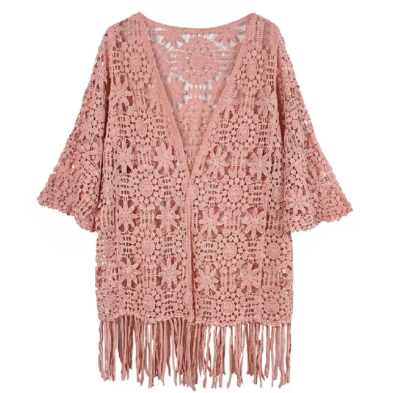Floral Patterned Fringe Crochet Cardigan: One Size Boxy Cardigan Fitted Cardigan A-Line Floral Patterned Fringe Crochet Cardigan: One Size Boxy Cardigan Fitted Cardigan A-Line