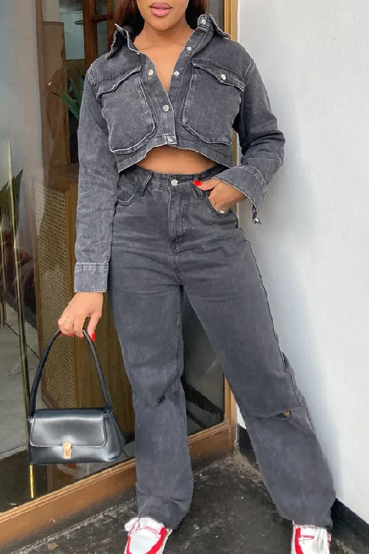 Street Style Double Pocket Denim Jacket & Ripped Jeans Set Jacket Blazer Coat
