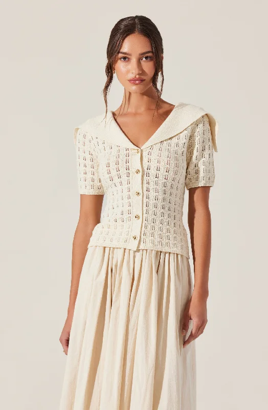 Analissa Pointelle Sailor Collar Cardigan Ribbed Striped Patterned