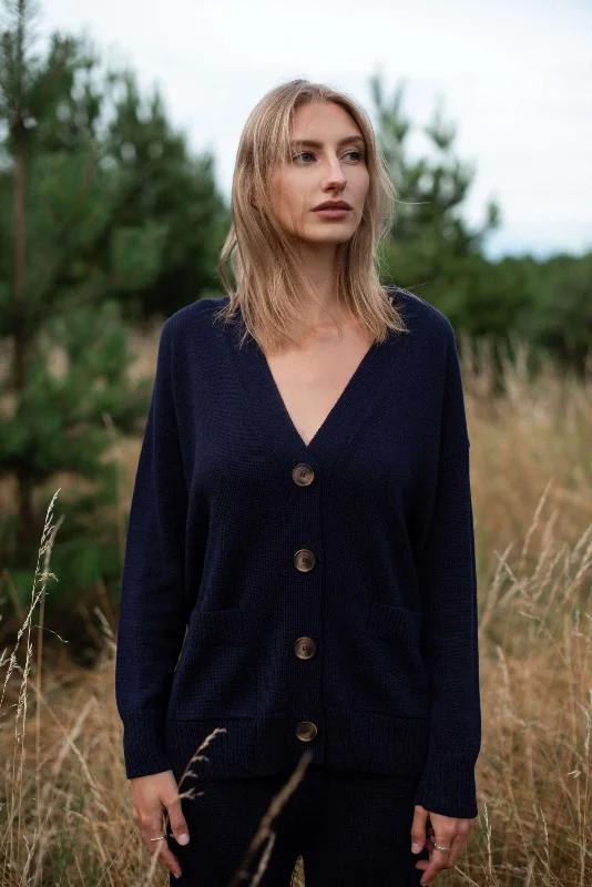 Button-Up Merino Wool Cardigan Dark Blue Fitted Slim Tailored