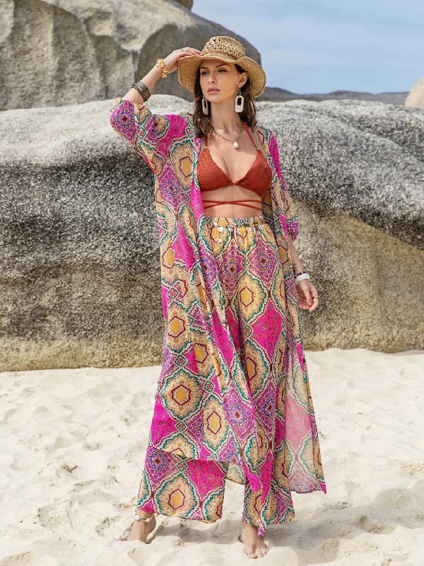 Boho Open Front Cardigan and Pants Set Zippered Front Buttoned Front Snap Front