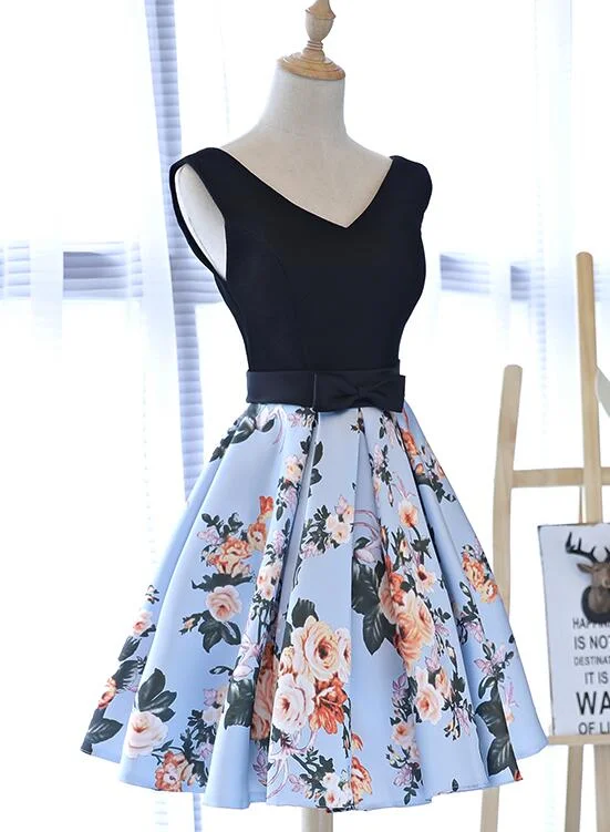 Cute Blue Floral and Black Satin Homecoming Dresses in Stock, Lovely Party Dresses for Teens Tunics Cozy comfortable Cute Blue Floral and Black Satin Homecoming Dresses in Stock, Lovely Party Dresses for Teens Tunics Cozy comfortable