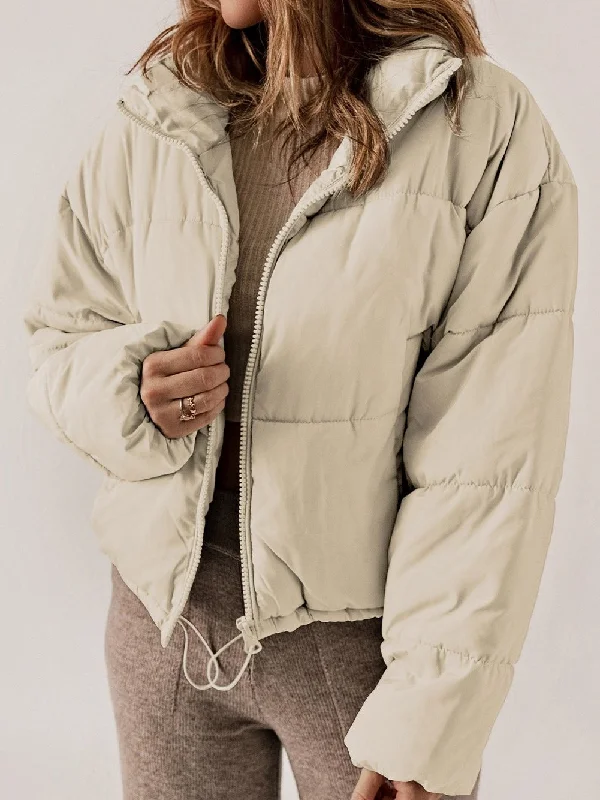 Apricot Quilted Puffer Jacket with Drawstring Hem Front Pockets Side Pockets Patch Pockets Apricot Quilted Puffer Jacket with Drawstring Hem Front Pockets Side Pockets Patch Pockets