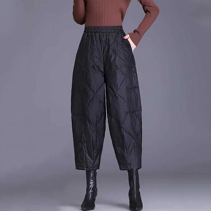 Diamond Check Elastic Waist Harem Pants High-Waist Trousers