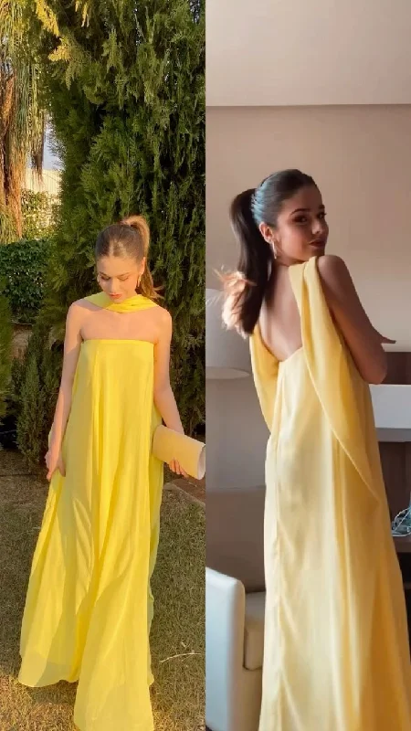 Yellow Halter A-Line Chiffon Long Party Dress Wedding Guest Dress, DP4907 Tunics Bridal satin