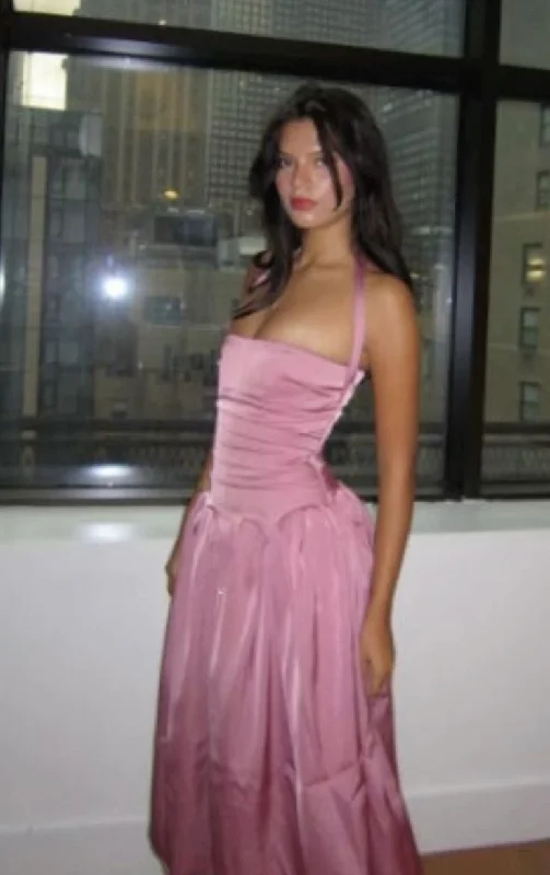 Pink Halter A-Line Satin Long Party Dress Lovely Birthday Dress, DP4879 Tunics Essential wardrobe Pink Halter A-Line Satin Long Party Dress Lovely Birthday Dress, DP4879 Tunics Essential wardrobe