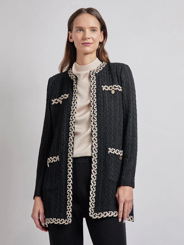Jewel Neck Contrast Trim Cable Knit Jacket Chenille Fabric Brocade Fabric Lace Fabric Jewel Neck Contrast Trim Cable Knit Jacket Chenille Fabric Brocade Fabric Lace Fabric