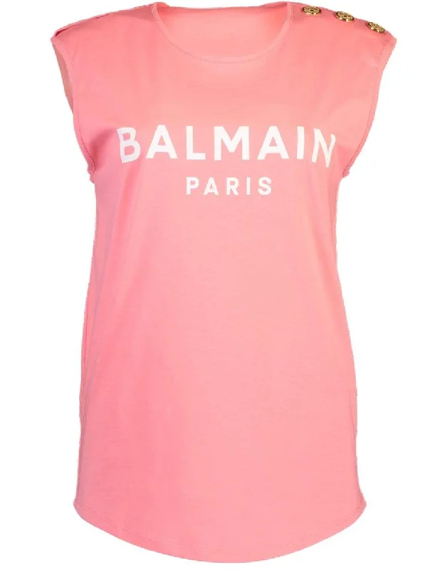 3 Button Balmain Printed Tank Top - Rose vintage tank top