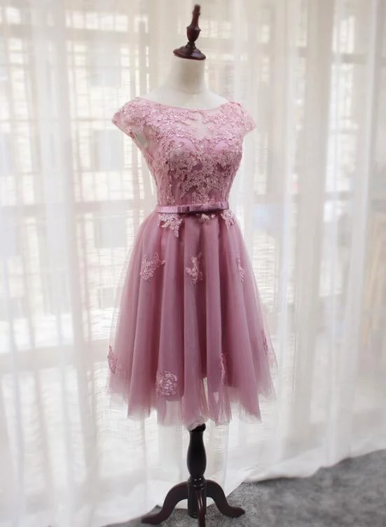 Pink Tulle Round Neckline Short Homecoming Dresses, Pink Party Dress, Bridesmaid Dresses Satin Halter Glamorous Pink Tulle Round Neckline Short Homecoming Dresses, Pink Party Dress, Bridesmaid Dresses Satin Halter Glamorous
