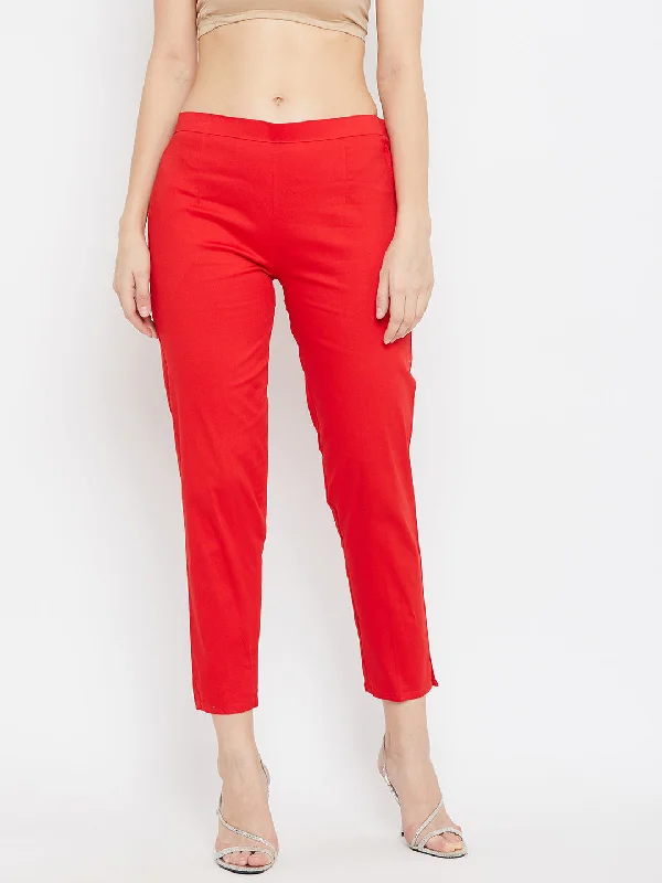 Women Red Regular Fit Solid Pants Formal Dress Pants