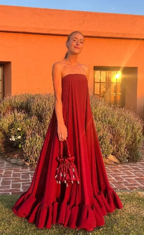 Vintage Burgundy Strapless Satin A Line Ruffle Party Dress,Formal Prom Evening Gown cc2901 Halter Neckline Beach Vintage Burgundy Strapless Satin A Line Ruffle Party Dress,Formal Prom Evening Gown cc2901 Halter Neckline Beach