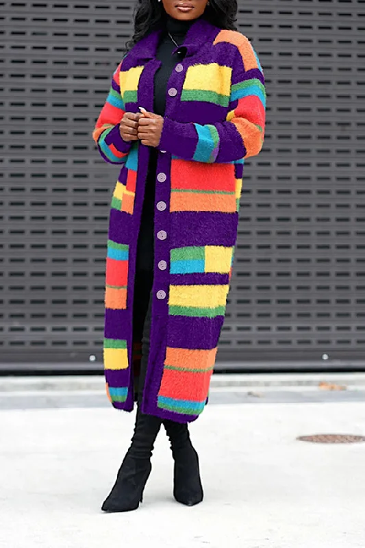 Fashionable Rainbow Striped Lapel Long Cardigan Jersey Fabric Tulle Fabric Batik Fabric Fashionable Rainbow Striped Lapel Long Cardigan Jersey Fabric Tulle Fabric Batik Fabric