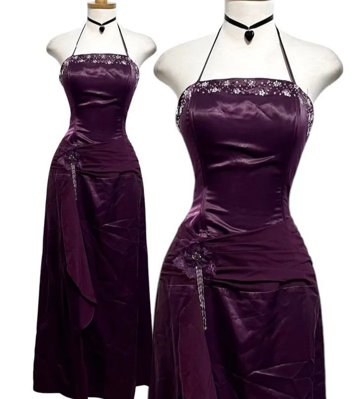 Dark Purple Halter Satin Beading Vintage Formal Party Dress Long Evening Dress, DP4910 Tunics Prom sequined Dark Purple Halter Satin Beading Vintage Formal Party Dress Long Evening Dress, DP4910 Tunics Prom sequined