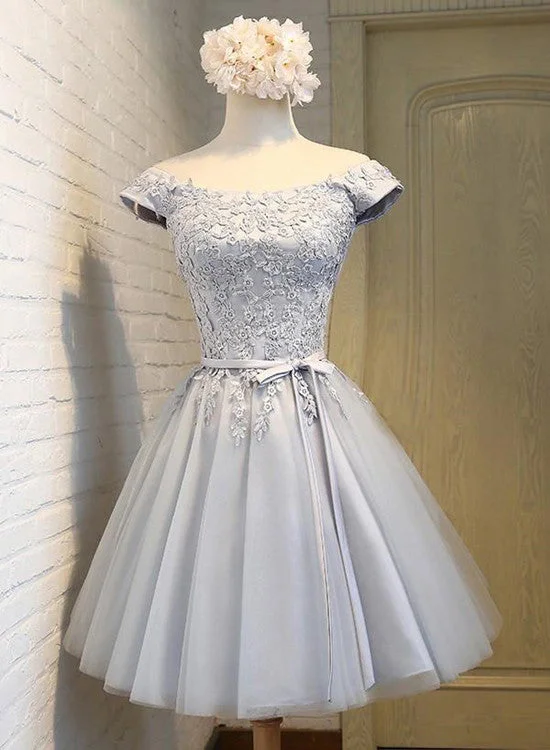 Grey-Sliver Short Homecoming Dresses,Off Shoulder Prom Dresses Short , Party Dresses Pleated Skirt Elegant Grey-Sliver Short Homecoming Dresses,Off Shoulder Prom Dresses Short , Party Dresses Pleated Skirt Elegant