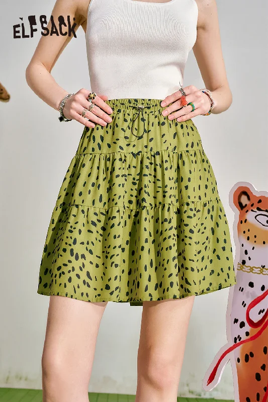 ELFSACK 2024 Summer New Leopard Pattern A-line Half Skirt Women's Elastic Waist Pig Nose Buckle Design Short Skirt silk skirt luxurious