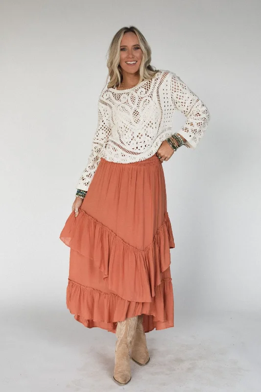 Washed Ashore Ruffled Maxi Skirt - Brick lace skirt romantic
