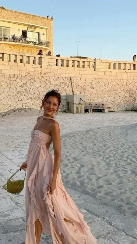 Pretty Pink Backless A-Line Chiffon Long Party Dress Summer Beach Dress, DP4861 Tunics Sophisticated sleek Pretty Pink Backless A-Line Chiffon Long Party Dress Summer Beach Dress, DP4861 Tunics Sophisticated sleek