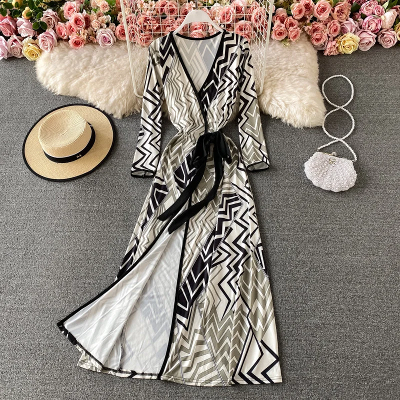 One piece split lace up wrap skirt with slim waist geometric print skirt  3783 wool skirt sturdy