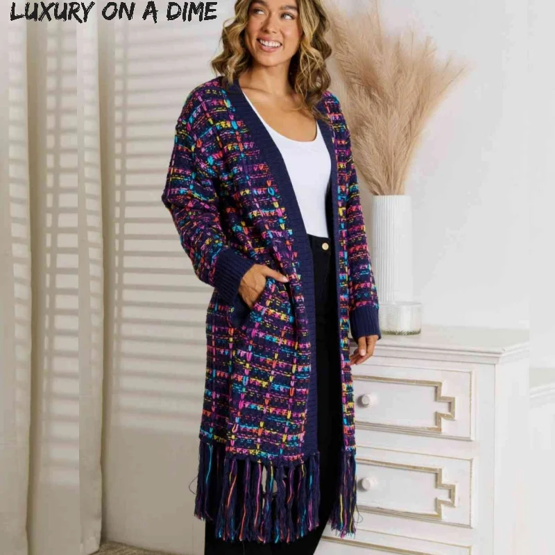 Bold Retro Knit Colorful Fringe Hem Longline Duster Sweater Pocket Cardigan Crew Neck V-Neck Turtle Neck Bold Retro Knit Colorful Fringe Hem Longline Duster Sweater Pocket Cardigan Crew Neck V-Neck Turtle Neck