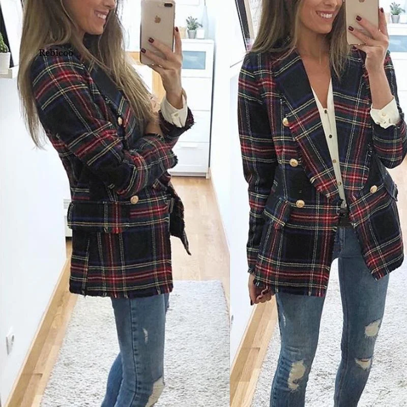 Office Lady Double Side Woolen Cardigan Plaid Double-breasted Blazer Jacket Female Casual Coats Plaid Ladies Outerwear Patchwork Embroidered Appliqued Office Lady Double Side Woolen Cardigan Plaid Double-breasted Blazer Jacket Female Casual Coats Plaid Ladies Outerwear Patchwork Embroidered Appliqued