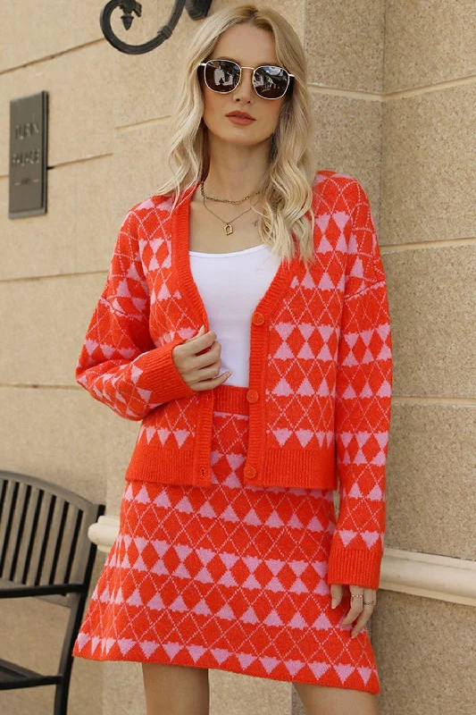 Geometric Dropped Shoulder Cardigan and Knit Skirt Set Casual Formal Business