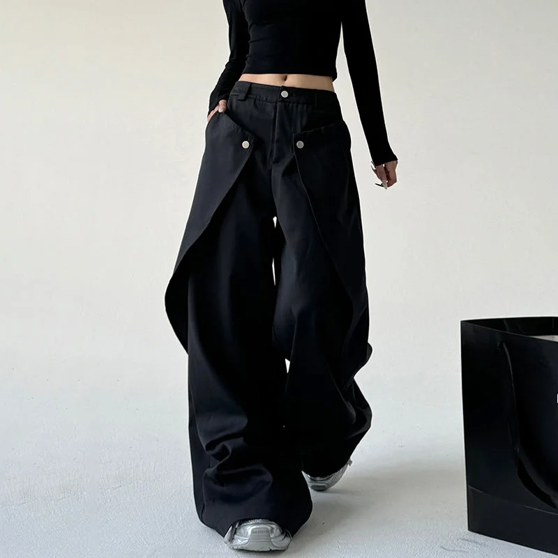 Button Loose Drape Vintage Casual Pants Elegant High-Waist Pants