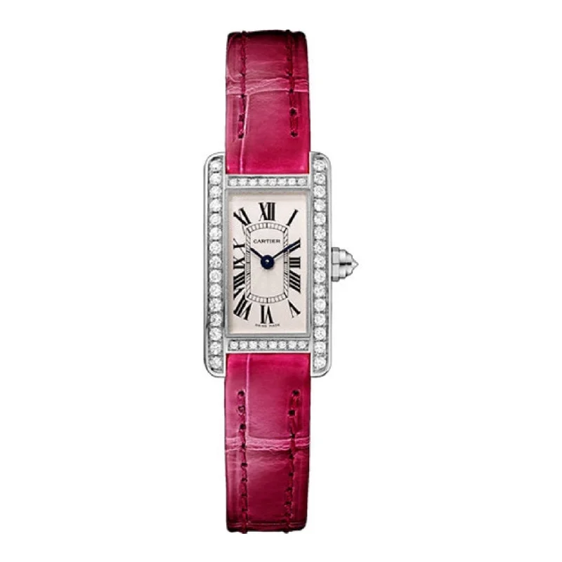 Cartier Tank Americaine 27mm Women's watch - Ref: WB710015 - Silver Roman Dial & Diamond Bezel in 18K White Gold Case, Pink Leather Strap adorable tank top Cartier Tank Americaine 27mm Women's watch - Ref: WB710015 - Silver Roman Dial & Diamond Bezel in 18K White Gold Case, Pink Leather Strap adorable tank top