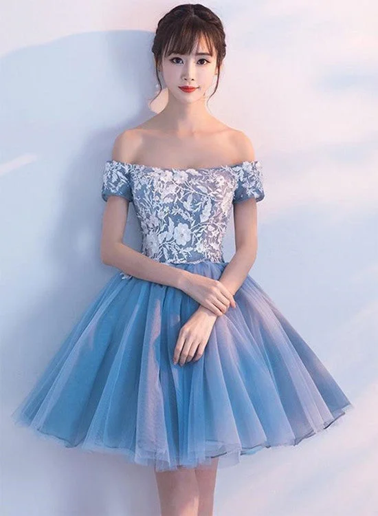 Blue Tulle Party Dress with White Lace, Off Shoulder New Style Homecoming Dresses Tunics Exclusive limited Blue Tulle Party Dress with White Lace, Off Shoulder New Style Homecoming Dresses Tunics Exclusive limited