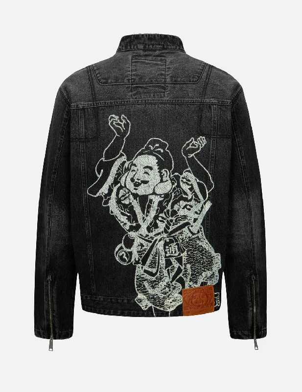 Godhead Print Relax Fit Biker Denim Jacket A-Line Jacket Boat Neck Shawl Collar
