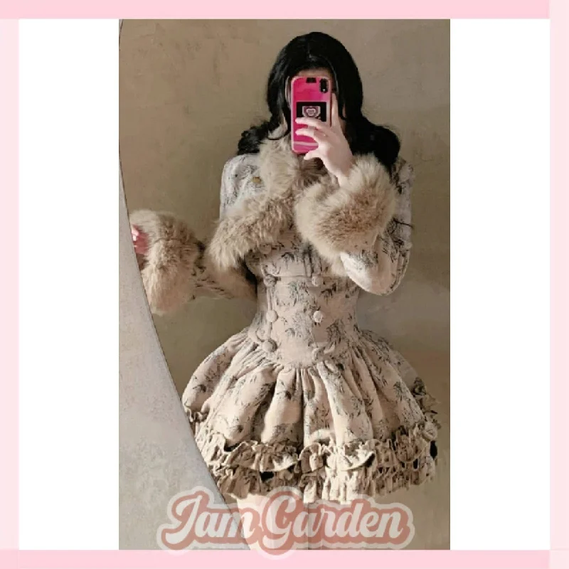 Retro Fashion Fur Collar Spliced Floral Jacket Waist Dress Suit for Women One-Shoulder Jacket Off-the-Shoulder Jacket Asymmetrical Jacket Retro Fashion Fur Collar Spliced Floral Jacket Waist Dress Suit for Women One-Shoulder Jacket Off-the-Shoulder Jacket Asymmetrical Jacket
