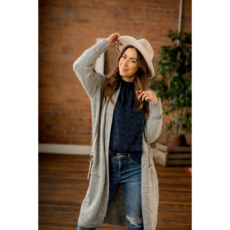 Textured Trim Tunic Pocket Cardigan Chenille Blend Fleece Blend Nylon Blend