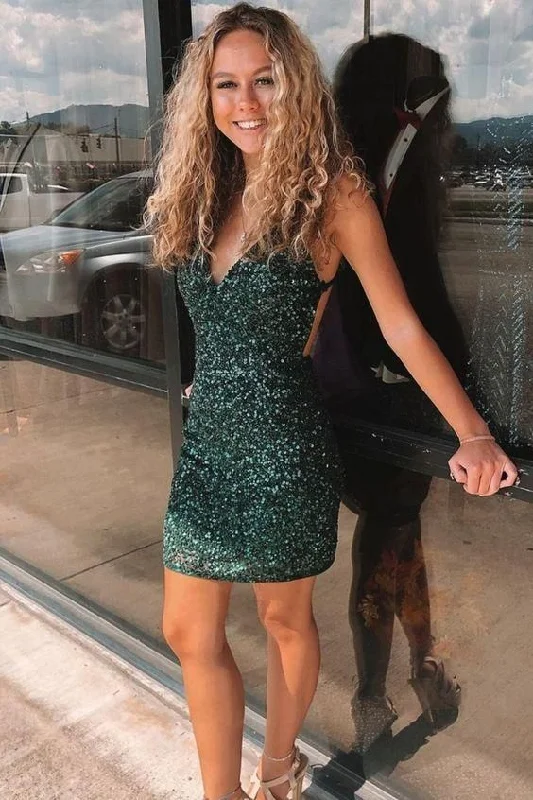 tight dark green sequins mini homecoming dress party dress  C1134 Tunics New arrival