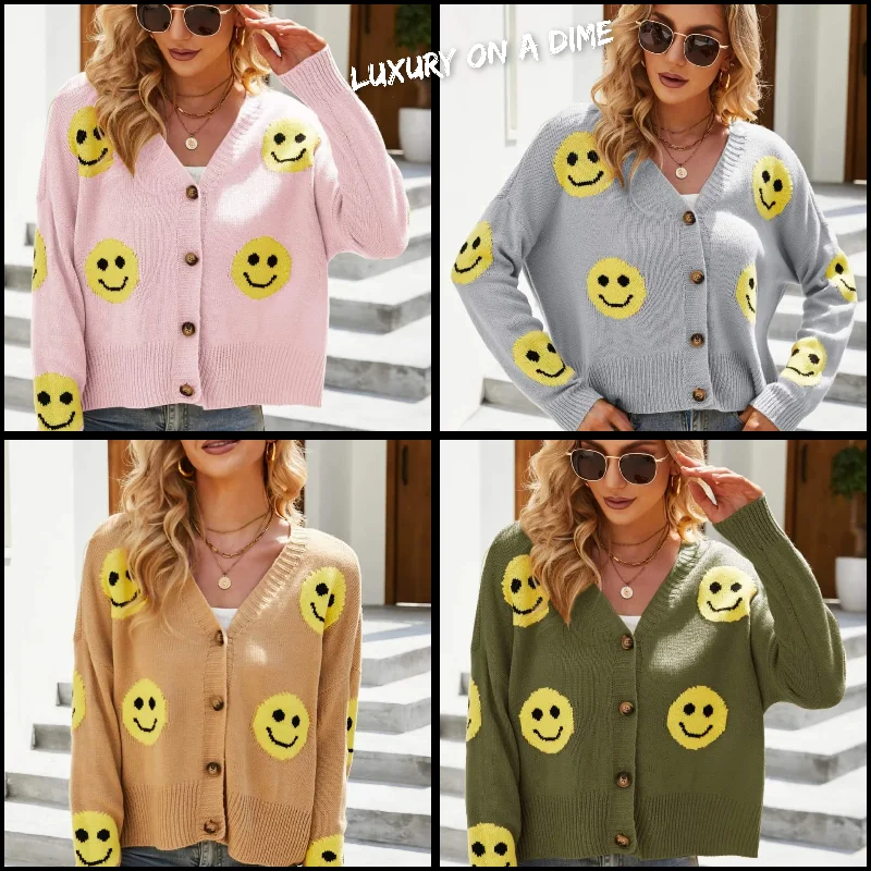 Retro Smiley Face Cropped Classic Knit Button Front Long Sleeve Cardigan Asymmetrical,ymmetric Pencil Cardigan