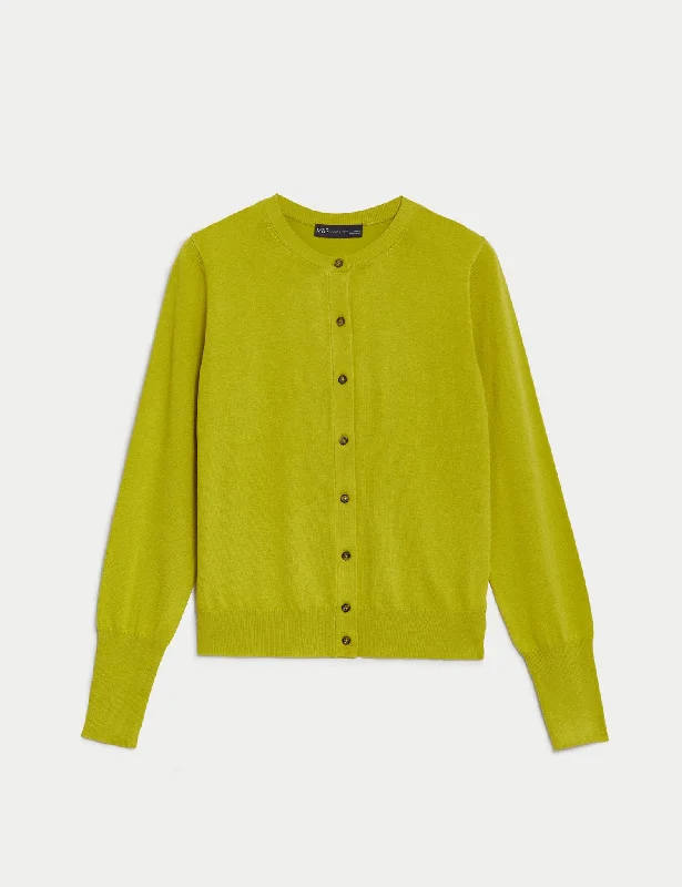 Crew Neck Button Front Cardigan Tailored Straight A-Line