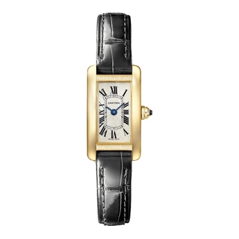 Cartier Tank Americaine 27mm Women's watch - Ref: WGTA0038 - Silver Roman Dial in 18K Yellow Gold Case, Black Leather Strap flirty tank top Cartier Tank Americaine 27mm Women's watch - Ref: WGTA0038 - Silver Roman Dial in 18K Yellow Gold Case, Black Leather Strap flirty tank top
