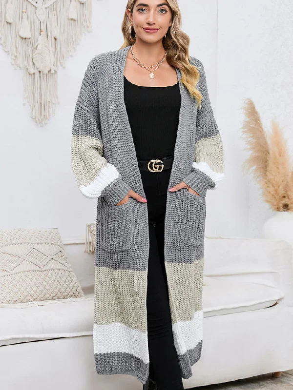 Color Block Long Sleeve Pocketed Cardigan Thin Thick Dense