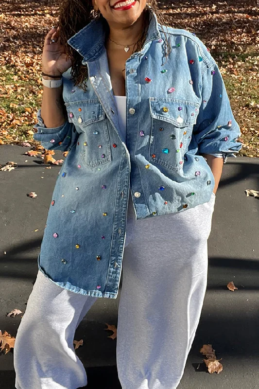 Fashion Rhinestone Print Shirt Collar Jacket Bomber Jacket Anorak Windbreaker