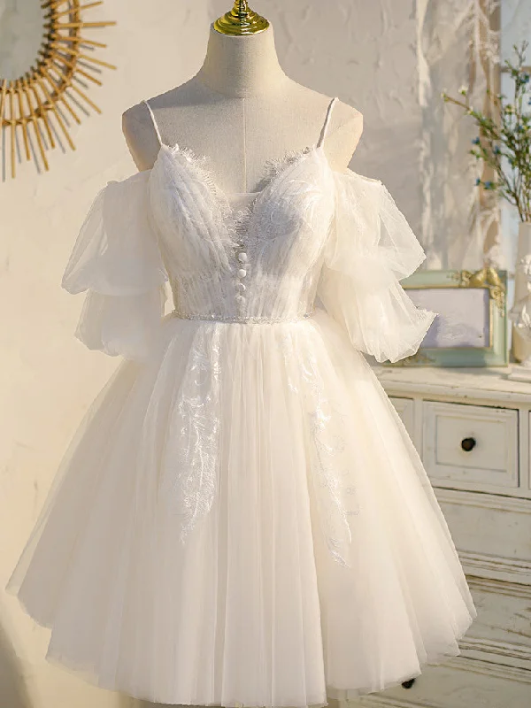 Lovely White Tulle with Lace V-neckline Short Prom Dress Party Dress, Cute Homecoming Dress Tunics Distressed trendy Lovely White Tulle with Lace V-neckline Short Prom Dress Party Dress, Cute Homecoming Dress Tunics Distressed trendy