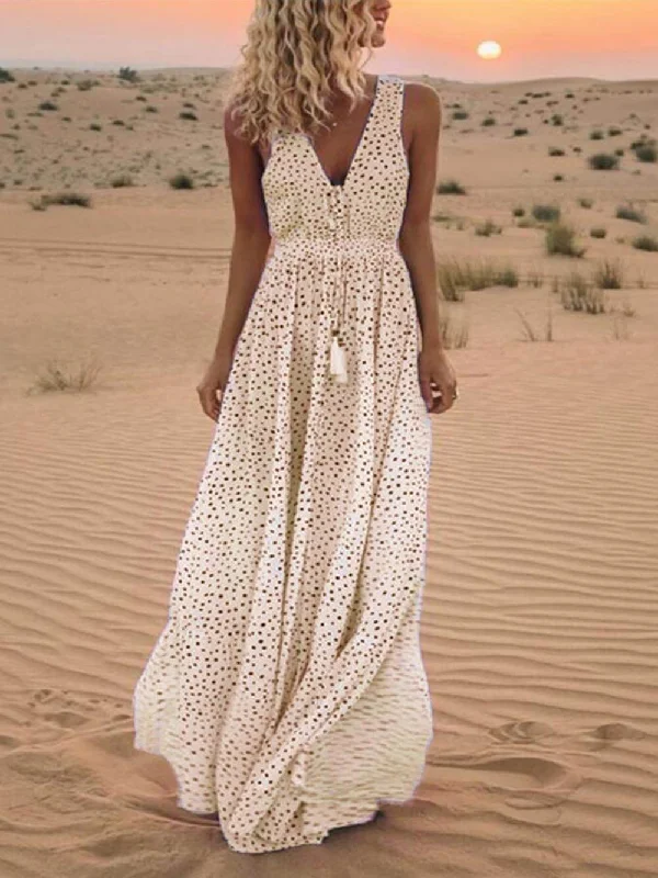 Bohemian V-Neck Sleeveless Charming Polka-Dot Maxi Skirt belted skirt waist