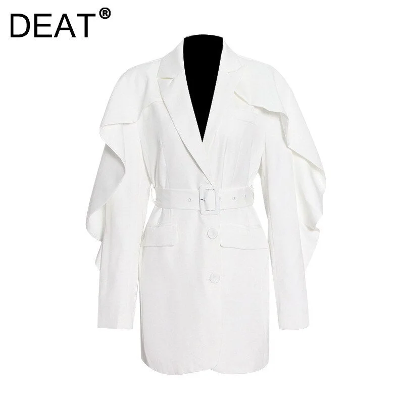 DEAT Woman Blazer White Cloak Sashes Notched Ruffles Long Sleeve Single Breasted Casual Style Jacket 2022 Autumn 15XM009 Nylon Jacket Polyester Jacket Spandex Jacket DEAT Woman Blazer White Cloak Sashes Notched Ruffles Long Sleeve Single Breasted Casual Style Jacket 2022 Autumn 15XM009 Nylon Jacket Polyester Jacket Spandex Jacket